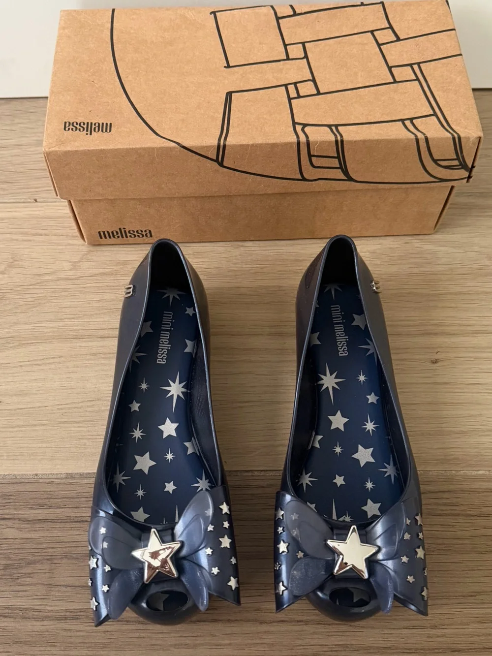 Mini Melissa Ultragirl Navy Metallic Blue Jelly Flats with Silver Star Accents
